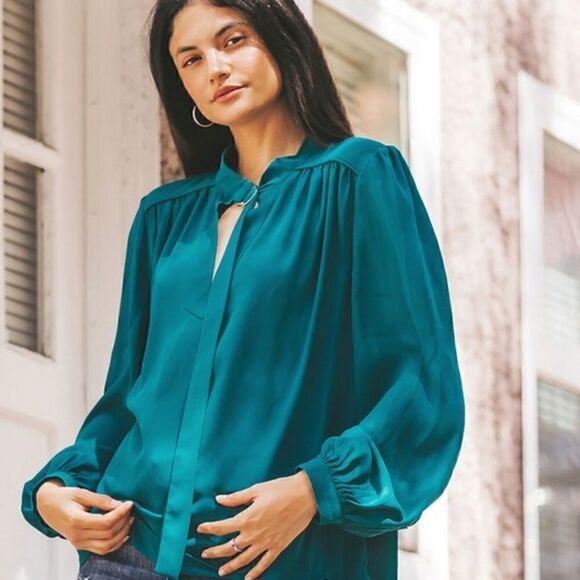 Teal Buckle Neck Blouse  - Picture 1 of 6